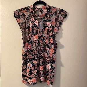 Pink Ruffled Cap Sleeve Blouse with Mandarin Collar